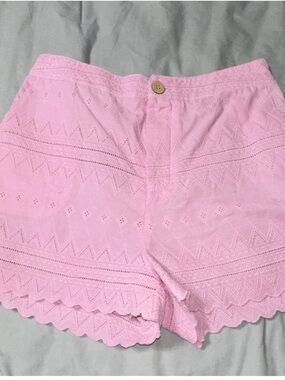 High-Waist Pink Eyelet Scallop Hem Shorts